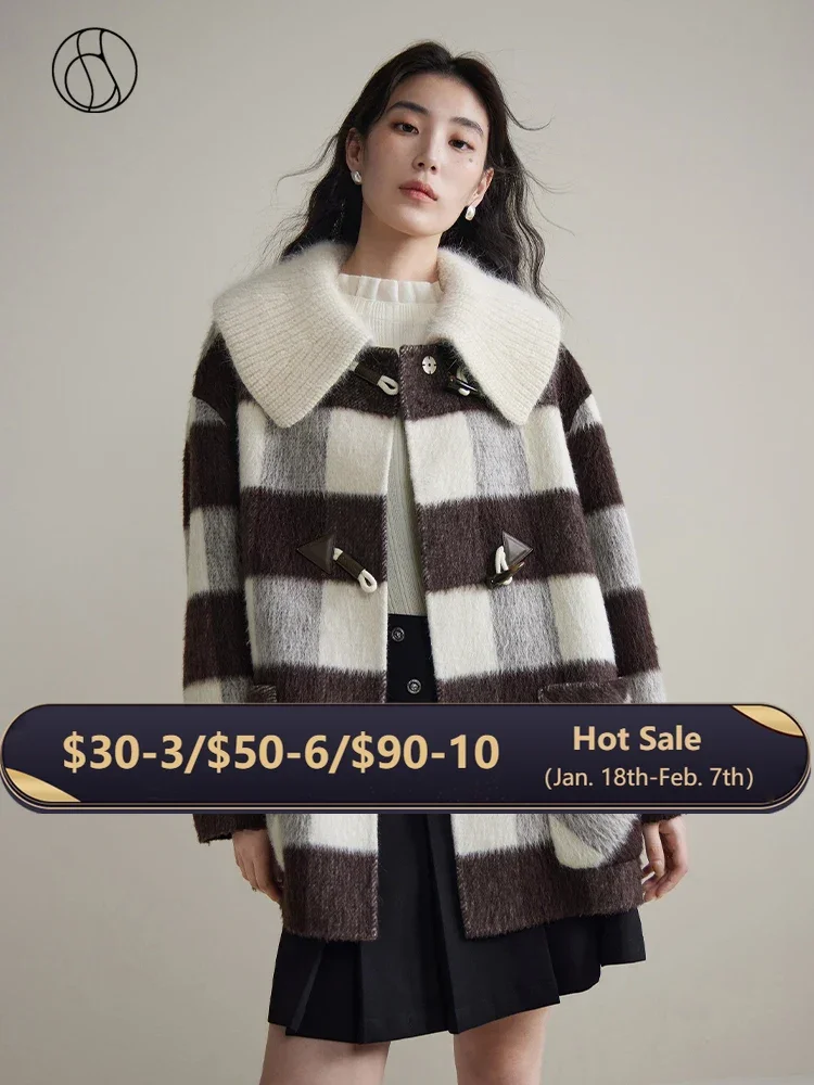 

DUSHU Vintage Style Horn Button Loose Straight Woolen Coat for Women 2023 Winter New Retro Sense Suli Alpaca Wool Coats Female