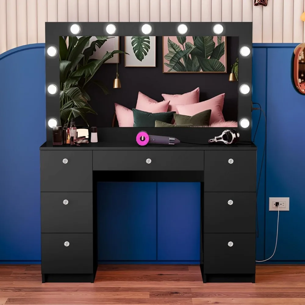 

hollywood-style yara large makeup desk with illuminated vanity mirror, 7-drawer storage, non-glass top, and black finish