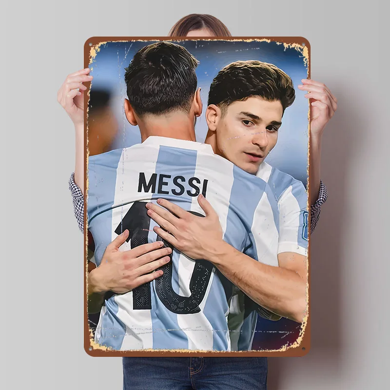 Messi and Alvarez Hugging Celebration Tinplate Poster Customized Wall Art Vintage Metal Signs Retro Tin Plaque for Office Decor