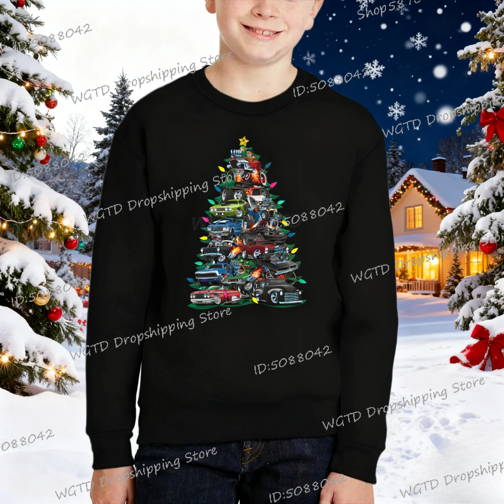 

Christmas Single-Piece Casual Sweatshirts Harajuku Car Tree Xmas Clothing Street Style Racing Car Print Christmas Pullover Boys