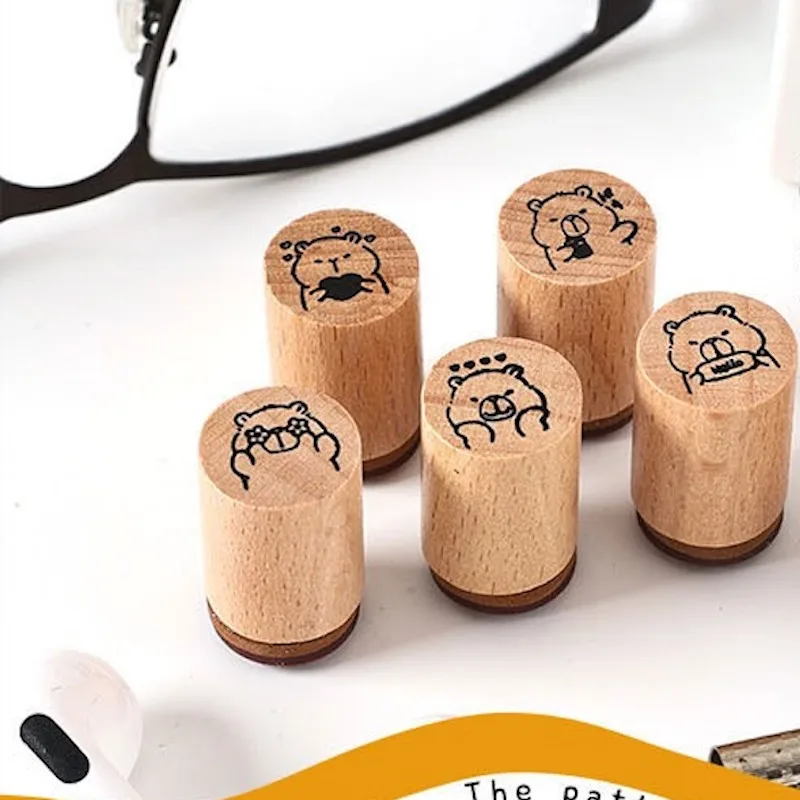 Creative DIY Wood Seal Stamp Set - Cute Round Shape Capybara Dog Bear Cat Pattern for Scrapbooking Craft Supplies