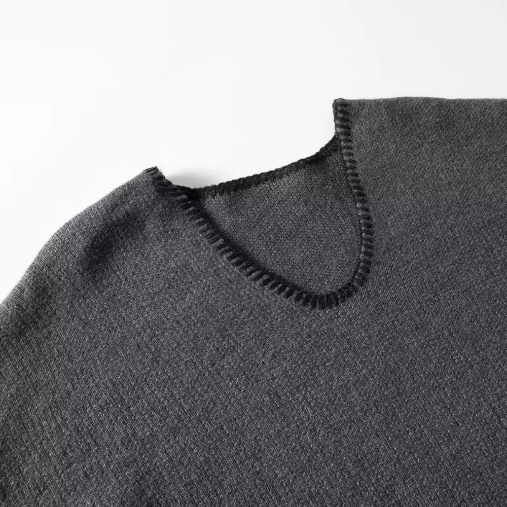 Pockets Drak Grey Sweater Woman Cropped Knitted Sweater Women Autumn Winter V-Neck Pullovers Long Sleeve Warm Knit Top