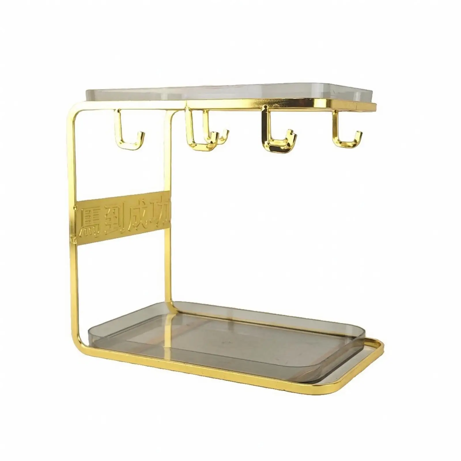 Countertop Organizer Gold Finish Desktop Cup and Glass Storage Rack Space-Saving Two-Level Drinkware Rack with Hanging Hooks for