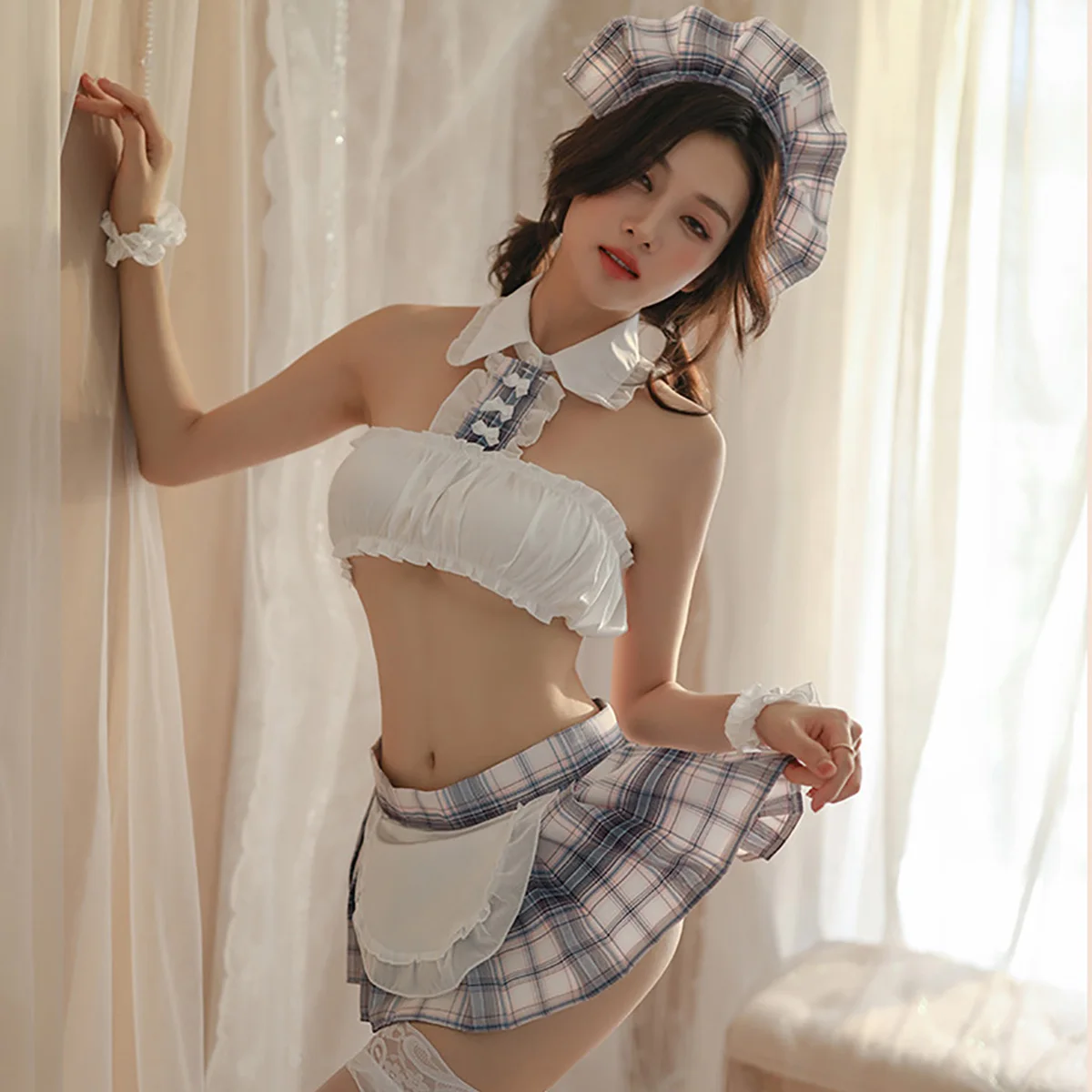 White Color Bikinis Bandeau Sexy Schoolgirl Uniform Cosplay Porn Lingerie Erotic Costume Open Crotch Plaid Mini Skirt Sex Suit