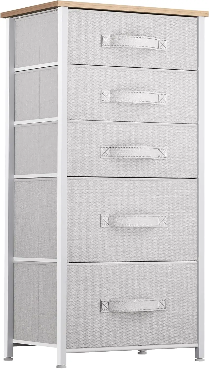 

5 Drawers Dresser, Vertical Fabric Storage Tower Organizer Unit for Living Room, Hallway - Sturdy Steel Frame, Wooden Top