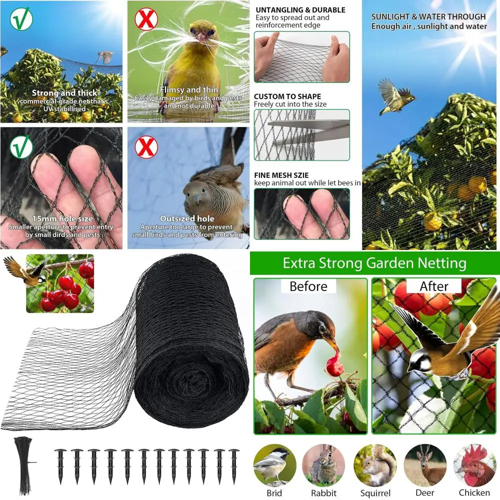 

Прочная сетка от птиц 3/8 дюйма для сада, фруктовых деревьев, прудов с карпами кои и многого другого – защищает от птиц, оленей, белок и другой дичи.