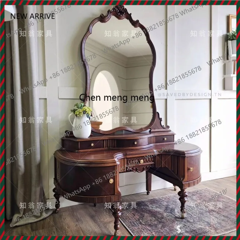 الفرنسية الرجعية الخشب الصلب نحت زهرة خلع الملابس شقة صغيرة غرفة نوم المنزل خلع الملابس مع مرآة ماكياج #1