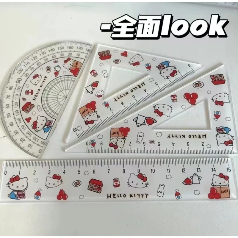 Hello Kitty cartoon animation peripheral cute acrylic ruler four-piece set for students to learn measuring stationery protractor