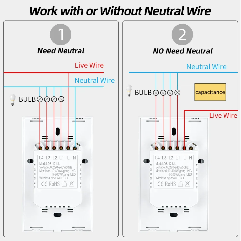 Tuya Smart Switch US Neutral Wire/nessun cavo neutro richiesto 1/2/3/4 Gang Light WiFi Touch Switch funziona con Alexa Google Home