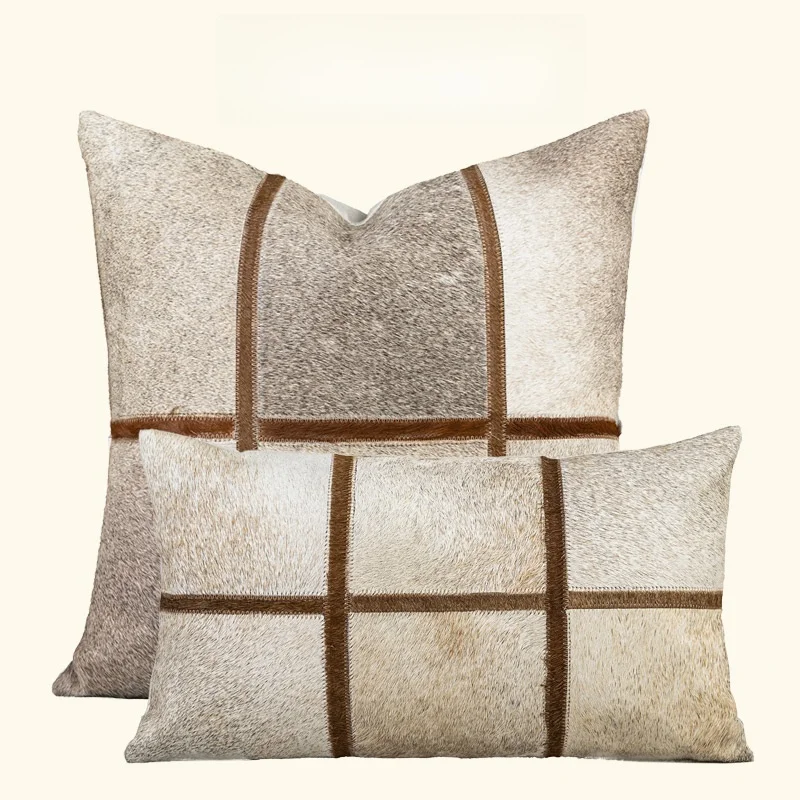 Luxury Cushion Cover Beige Grey Genuine Cowhide Leather Splicing Square Pillow Case For Home Hotel Bed Living Room Sofa