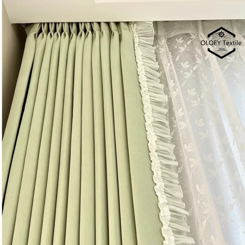 

French Style Curtains for Bedroom Living Room Cream Lime Green Chenille Velvet Light Blocking Fresh Green Expert Design Window