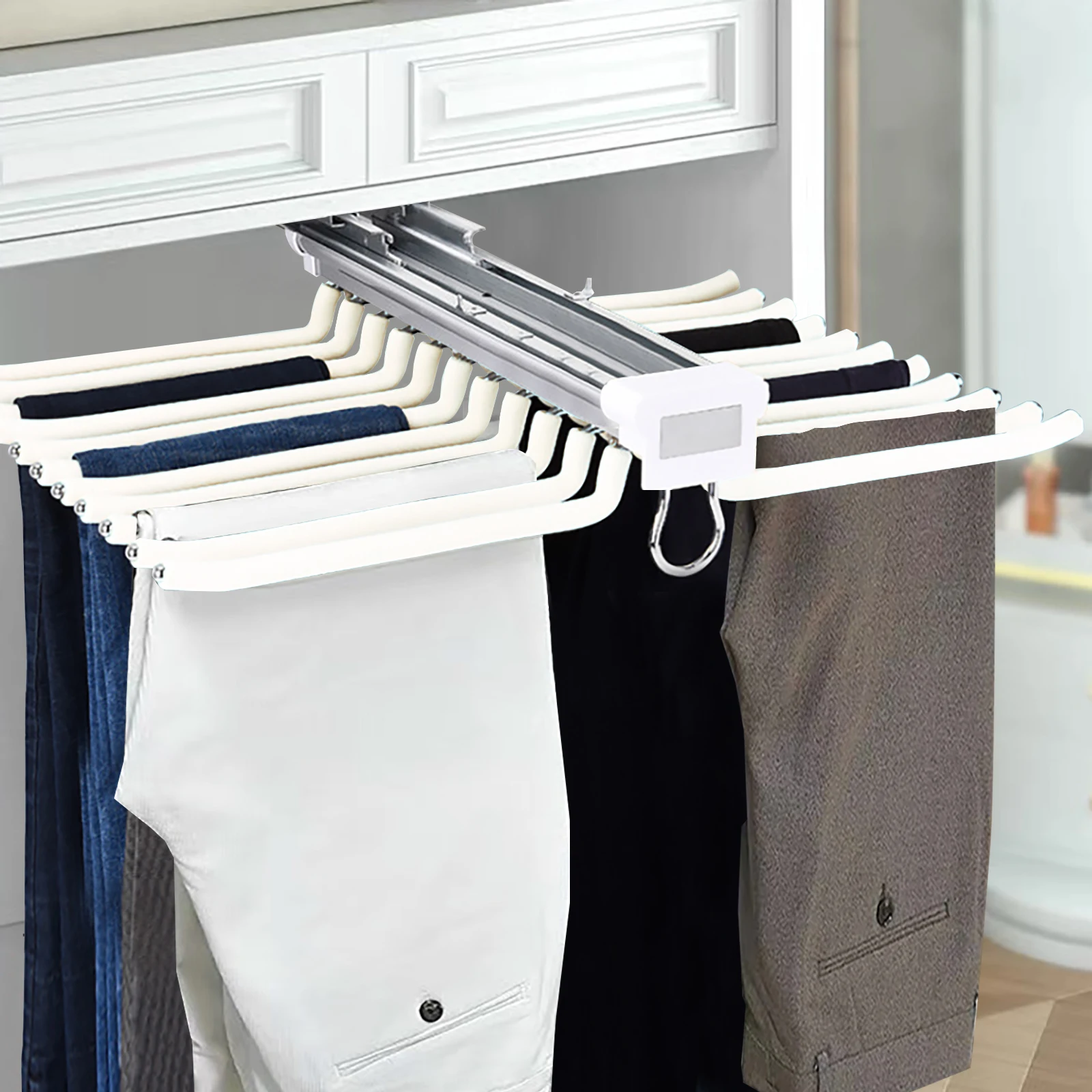 22 Arms Pull Out Steel Pants Stand Double-Breasted Pants Hanger W/ Slide Rails Extendable Trouser Rack for Closet, White