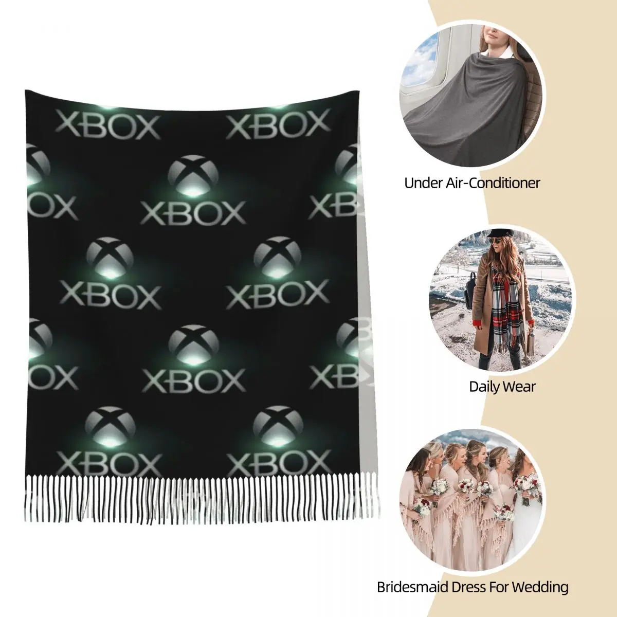 وشاح بشعار Xbox باللون الأخضر وشاح شرابة للنساء شالات دافئة ناعمة ويلتف شال طويل للخريف والشتاء #3