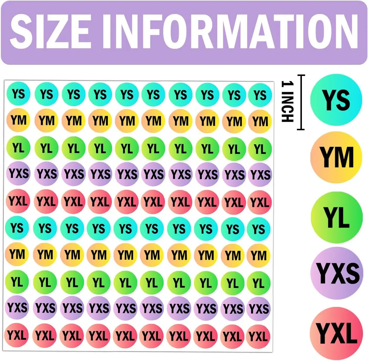 Youth Clothing Size Stickers 1 inch Round Adhesive Clothing Size Labels Tshirt Size Stickers for Shoe Clothing Retail 1000pcs