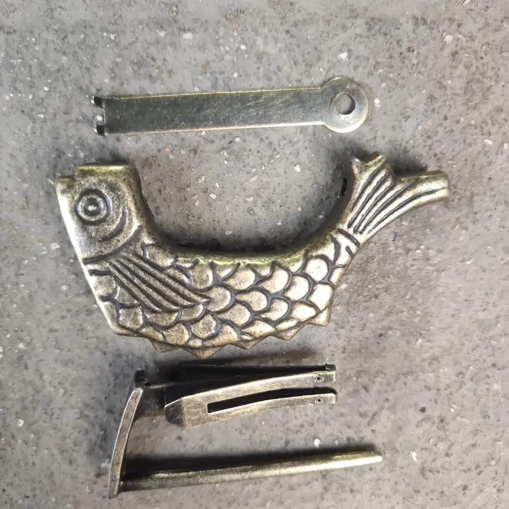 Old Chinese Fish Shaped Brass Padlock Lock & Key statue
