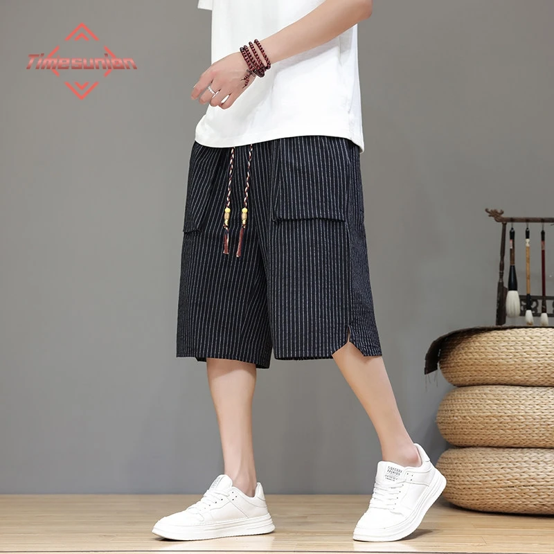 Japanese Style Straight Summer Five-point Pants Men Loose Vintage Beach Shorts Pocket Comfortable Breathable Stripes Pants Man