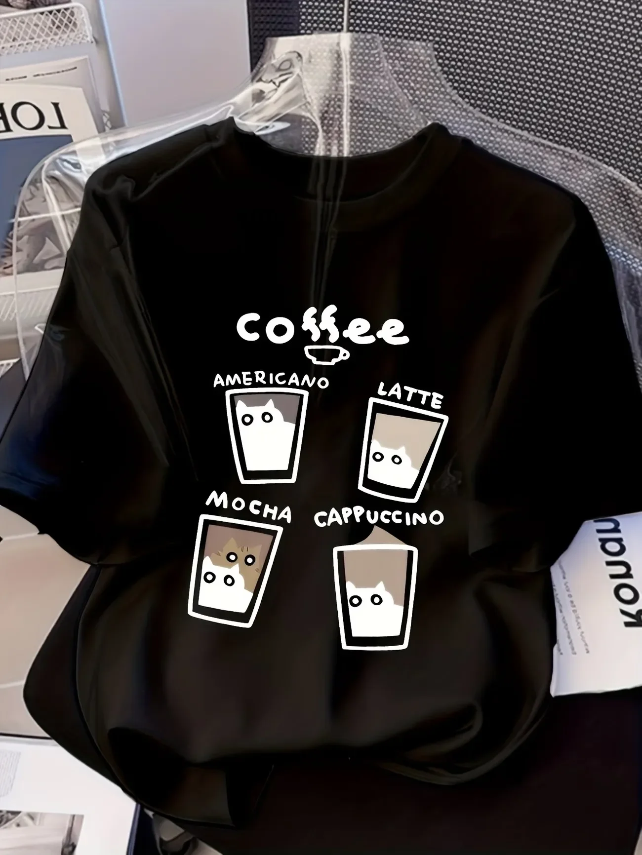 Neues Kawaii-Kaffee-Katzen-T-Shirt aus 100 % Baumwolle, Damen-Streetwear, weiches T-Shirt mit Rundhalsausschnitt und kurzen Ärmeln, lockere Passform. – Detail 2