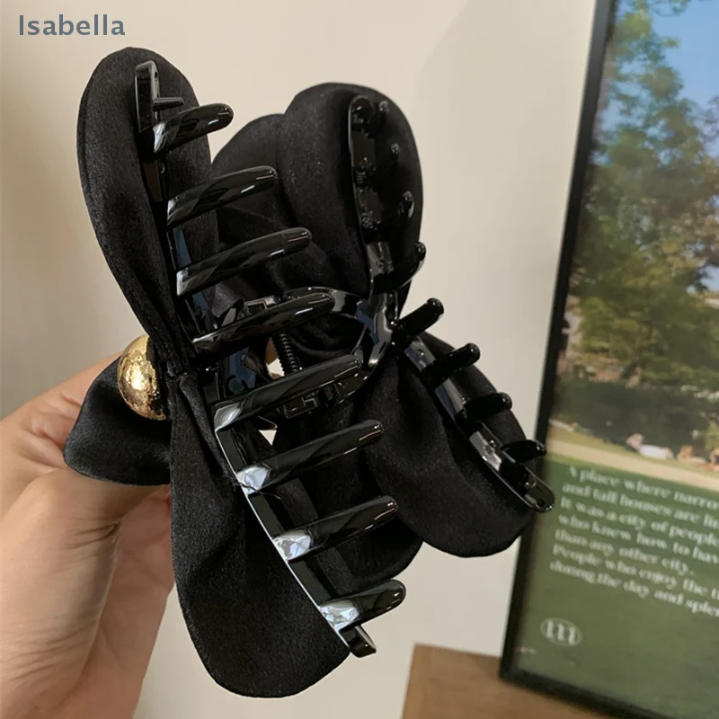 ♥ ♥ ♥ مشبك شعر بتلات ثلاثي الأبعاد من الساتان اللامع، دبوس شعر حلو نصف مربوط مشبك شعر نسائي مشبك سمك القرش