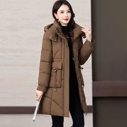 New Women's Long Down Cotton Coat Horn Buckle Winter Thick Warm Padded Jacket Female Korean Casual Hooded Parker Cotton Clothes