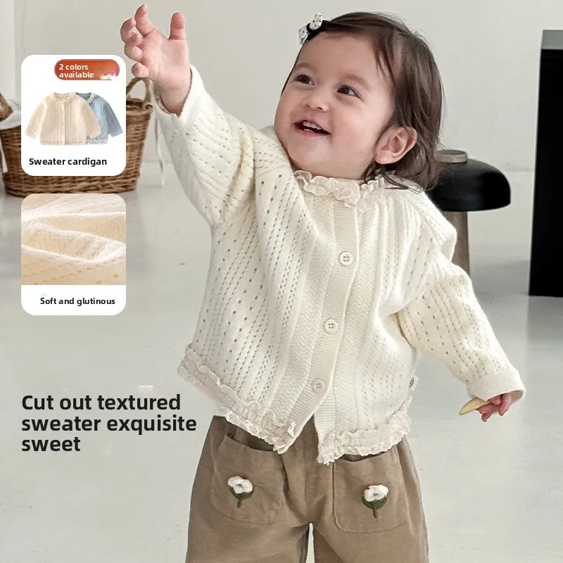 

Однотонный вязаный свитер для девочек, новинка 2023 года, осень, детский стиль, корейская версия, кардиган с кружевным воротником, детский осенний топ
