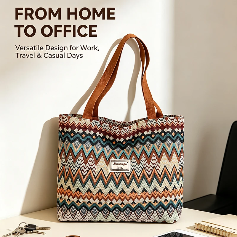 Bohemian Ethno-Stil Geometrischer Druck Canvas-Umhängetasche, Bunte Zickzack-Muster-Handtasche für Damen, Leichte Pendler-Tragetasche – Detail 5