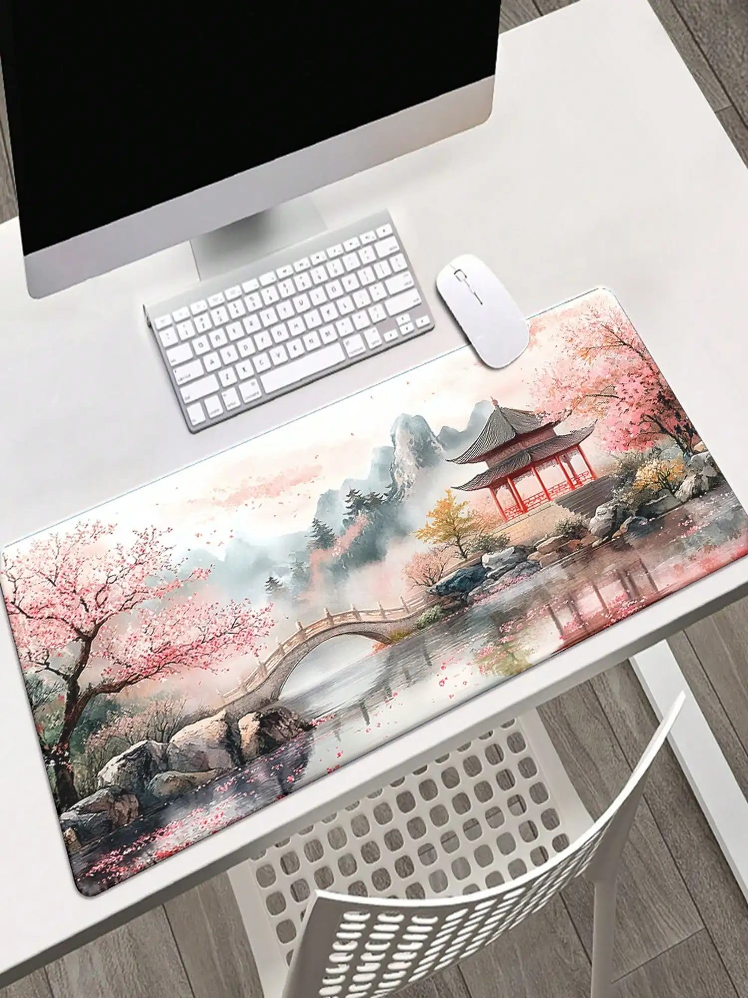 XXL Japanese Garden Desk Mat - High-Definition Printed Cherry Blossom And Traditional Landscape Design Mouse Pad, Large Size Gaming/Office Mat, Rubber Material, Perfect Gift For Home Or Computer Use, Desktop Protector.