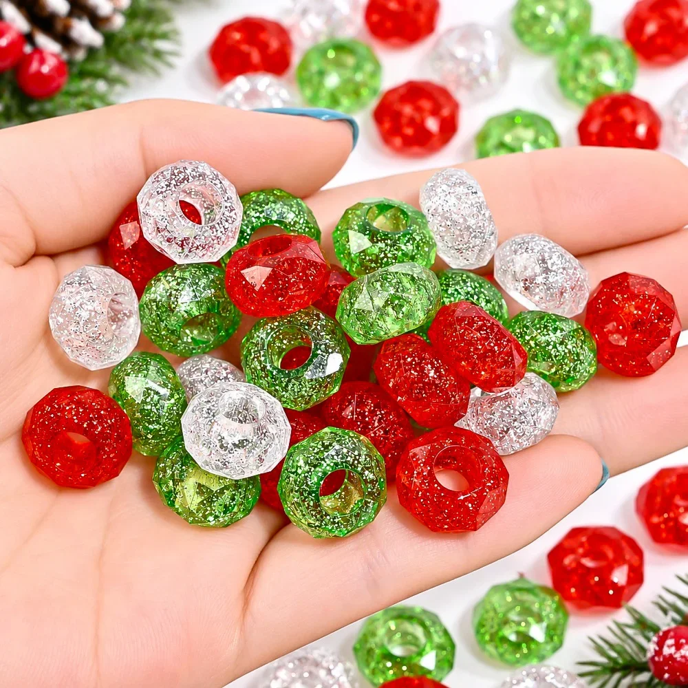iYOE 10-100pcs 14×8mm Christmas Acrylic Faceted Beads Glitter Filled Red Green White Cut Big Hole Beads for DIY Jewelry Making