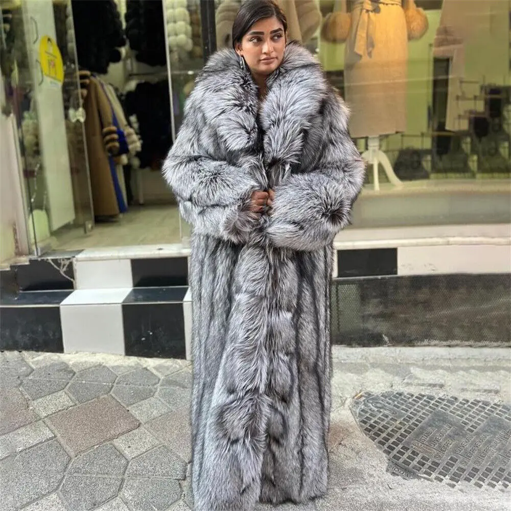 140cm Women Real Silver Fox Fur Overcoat Winter Warm Natural Fox Fur Long Coat Female Luxury Genuine Fur Thick Jacket