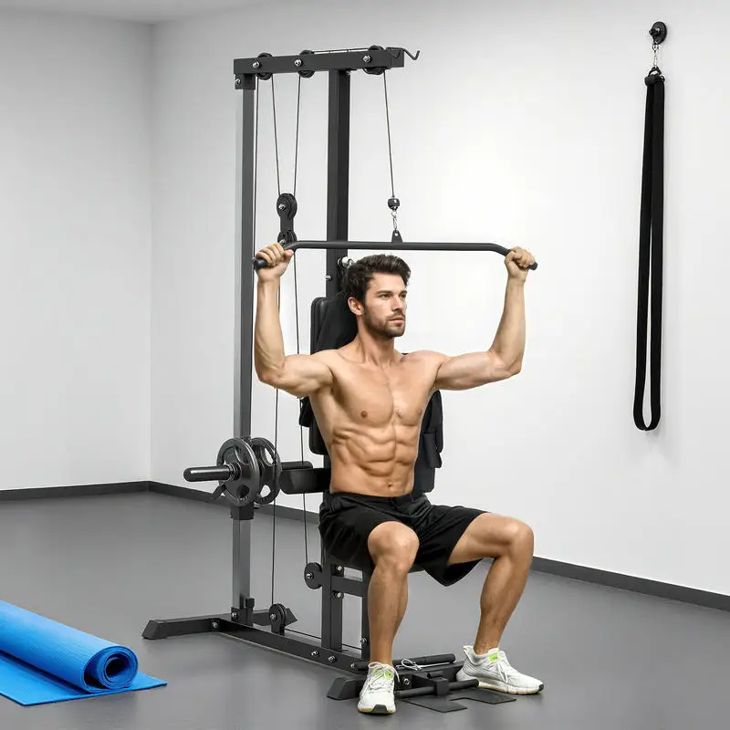 Machine à poulies pour l'entraînement du dos et des bras, avec fonction de rame et de traction, structure en acier et siège en cuir synthétique, hauteur et angle réglables, adaptée aux charges progressives jusqu'à 50 kg, idéale pour la salle de sport à domicile.