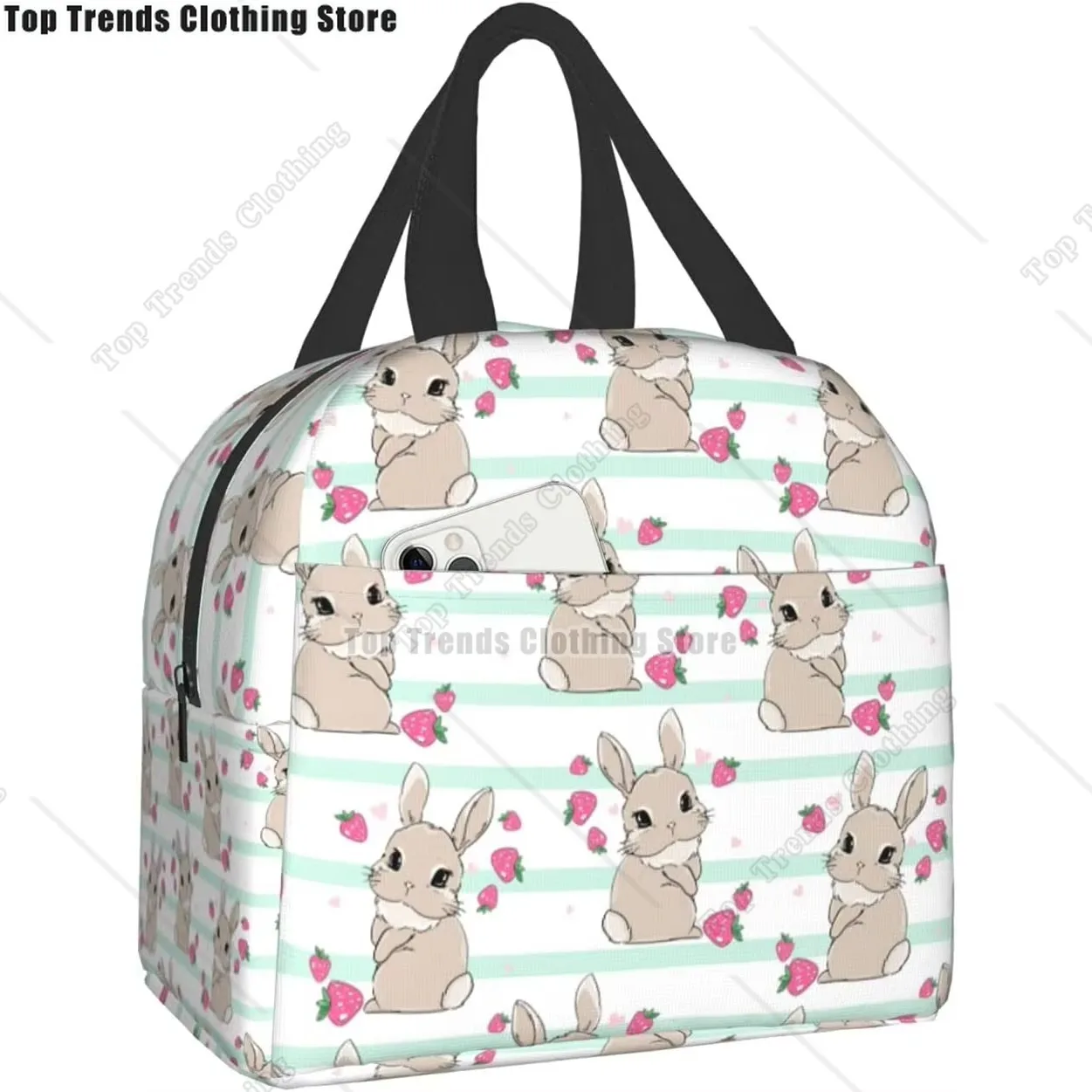 

Cute Bunny With Strawberry Berry Sweet Lunch Box Travel Bag Picnic Bags Insulated Durable Bag Back To School Reusable Bags