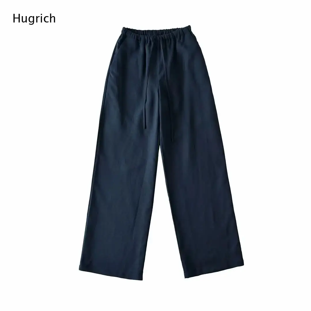 Multi-Color Options Drawstring Elastic Waist Wide Leg Pants Side Pockets Loose Straight Casual Trousers