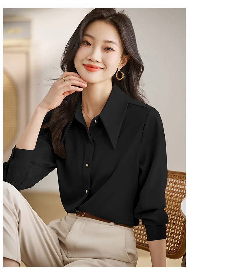 Langarmshirts für Damen, locker sitzende Baumwolloberteile mit Umlegekragen und dekorativen Taschen für den Frühling, adrette Alltags-Arbeitskleidung