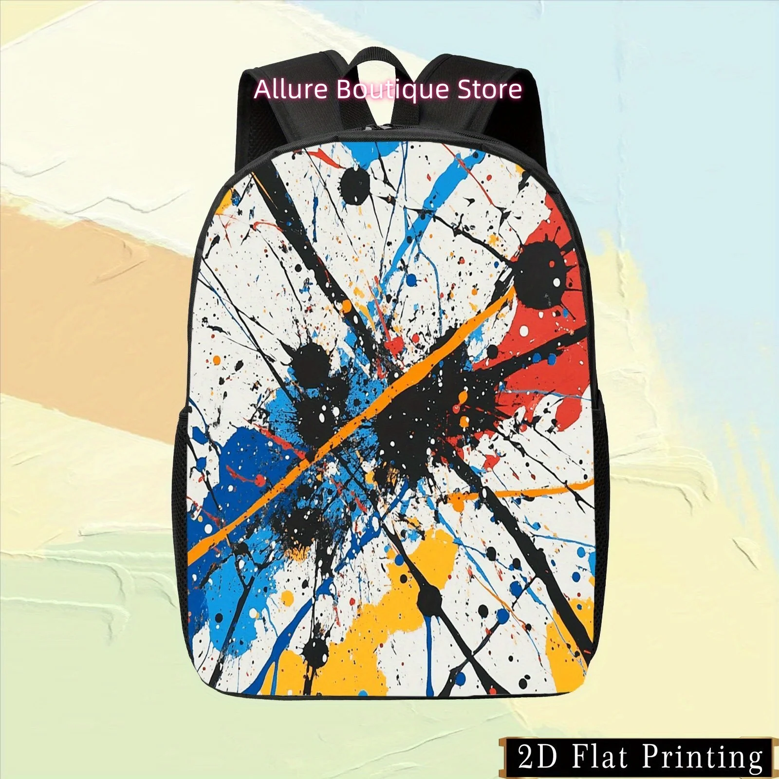 1pc Colorful Single-Sided Print Student Backpack, Abstract Art Style Printed Bag with Personality Hand-Washable Zipper, Multi-Fu