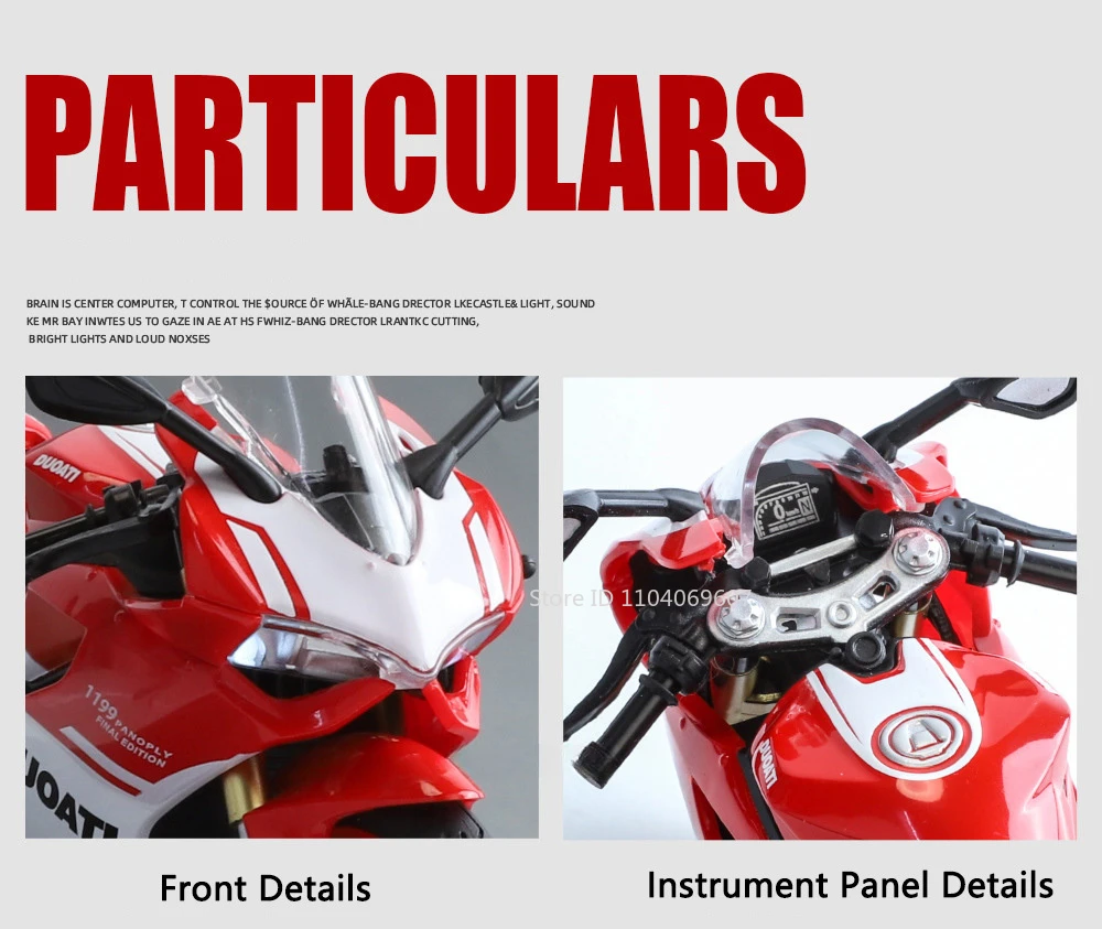 Maßstab 1:12 1199 Motorrad-Spielzeug-Modellautos, Legierung, Druckguss, Stoßdämpfung, Ton, Licht, Kettengestänge, Simulationsmotoren für Jungen – Detail 12
