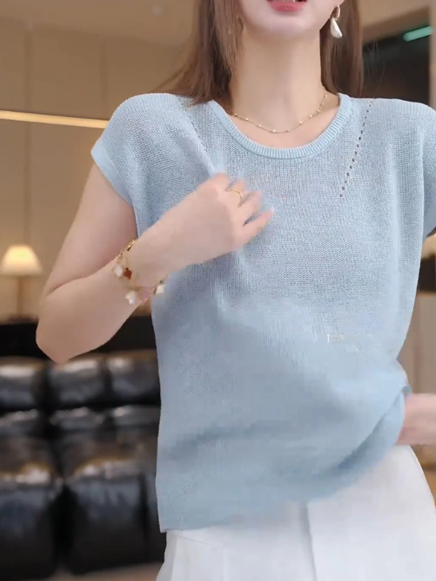 Casual round Ne ort Sve Knitted Top Women's Pure Color Design Summer Leisure Faionable Straight Cut Basic Sle