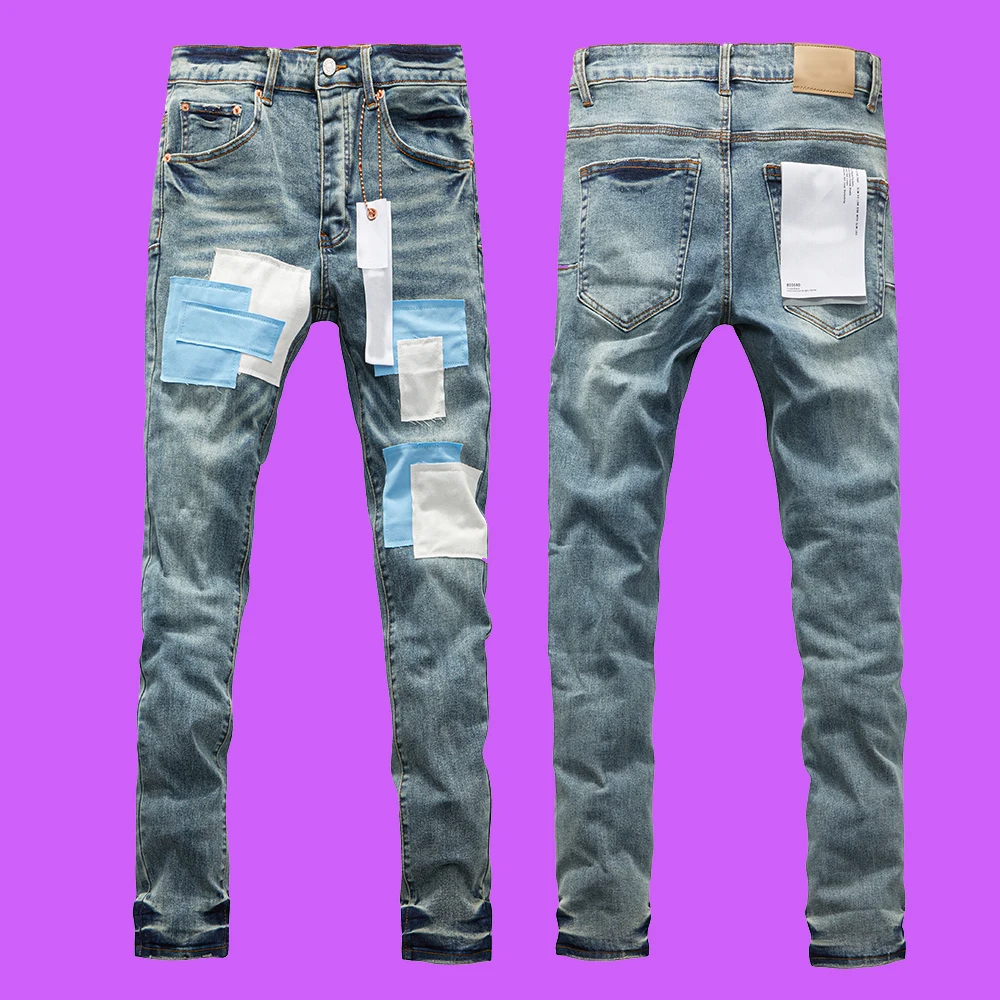 

Fashion Purple ROCA Jeans Men brand American High Street Indigo Repair Bleach Gradient Low Rise Skinny Men's Jeans PANTS