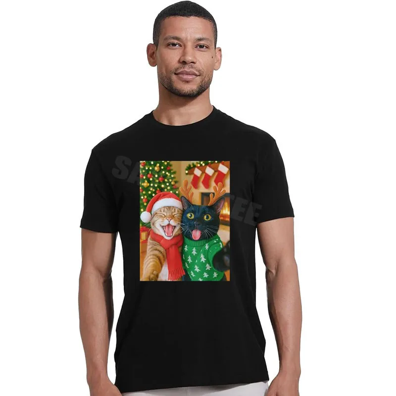 مضحك ميمي القط التقاط صورة شخصية عيد الميلاد عيد الميلاد أضواء عطلة تي شيرت Y2k عيد ميلاد سعيد القط أمي أبي الأزواج الجرافيك تيز الزي