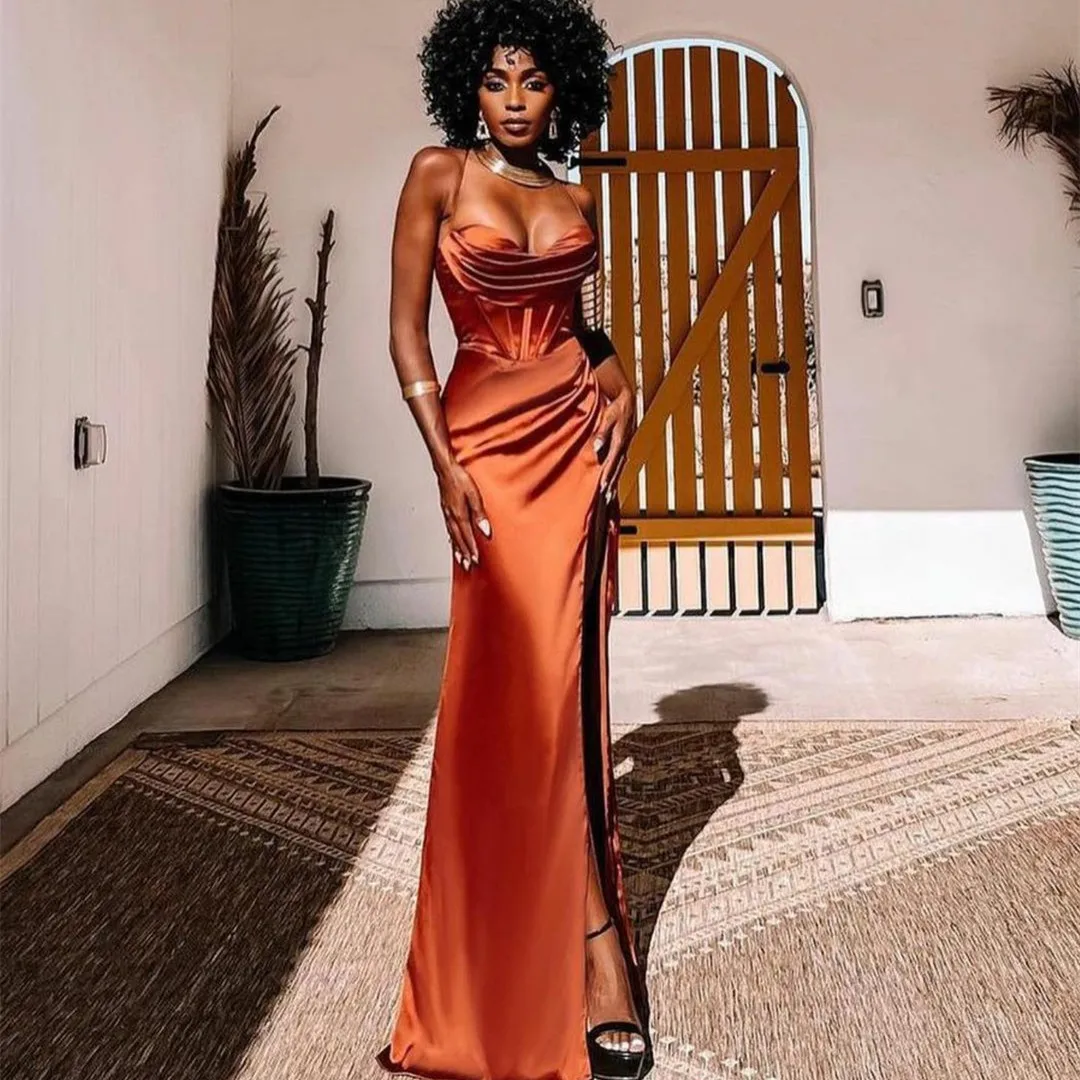 Sexy Saudi Arabia Long Evening Dress Slit Mermaid Orange Straps Satin Formal Prom Gowns Robe De Soirée Vestidos Noiva