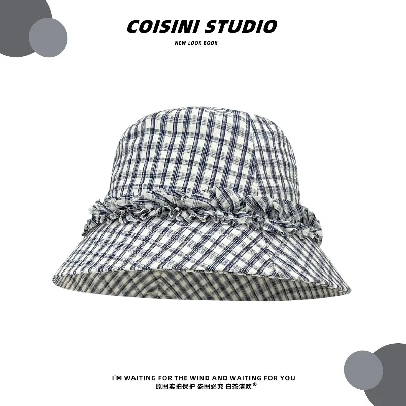 New Japanese Plaid Lace Bucket Hat Summer Small Fresh Travel Vacation Wide Brim Foldable Versatile Sun Caps for Women's