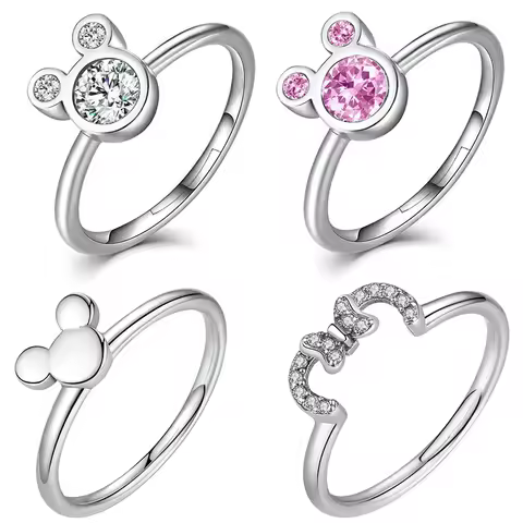 Pink Clear Crystal Mickey Rings For Women Wedding Anel Cute Disney Silver Color Cartoon Minnie Mouse Finger Ring Luxury Jewelry