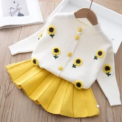 2024 New knitting Spring Autumn Girls Clothing Set Cartoon Embroider Sunflower Grapes Strawberries Cute Coat + Skirt 2Pcs Suit