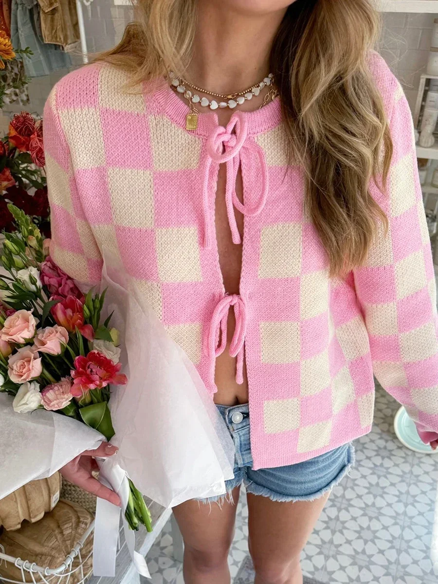 Roze Vrouwen Vest Koreaanse Zoete Plaid Lange Mouw Vrouwelijke Truien Harajuku Nieuwe O Hals Preppy Stijl Dames Tops S-XL