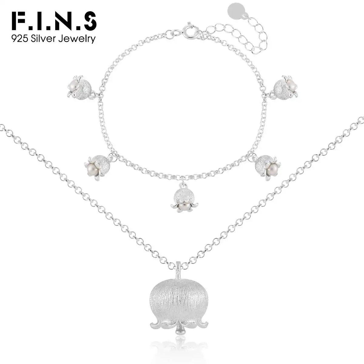 

F.I.N.S Original Lily S925 Sterling Silver Freshwater Pearl Necklace Bracelet Delicate Matching Flower Pendant Clavicle Chain