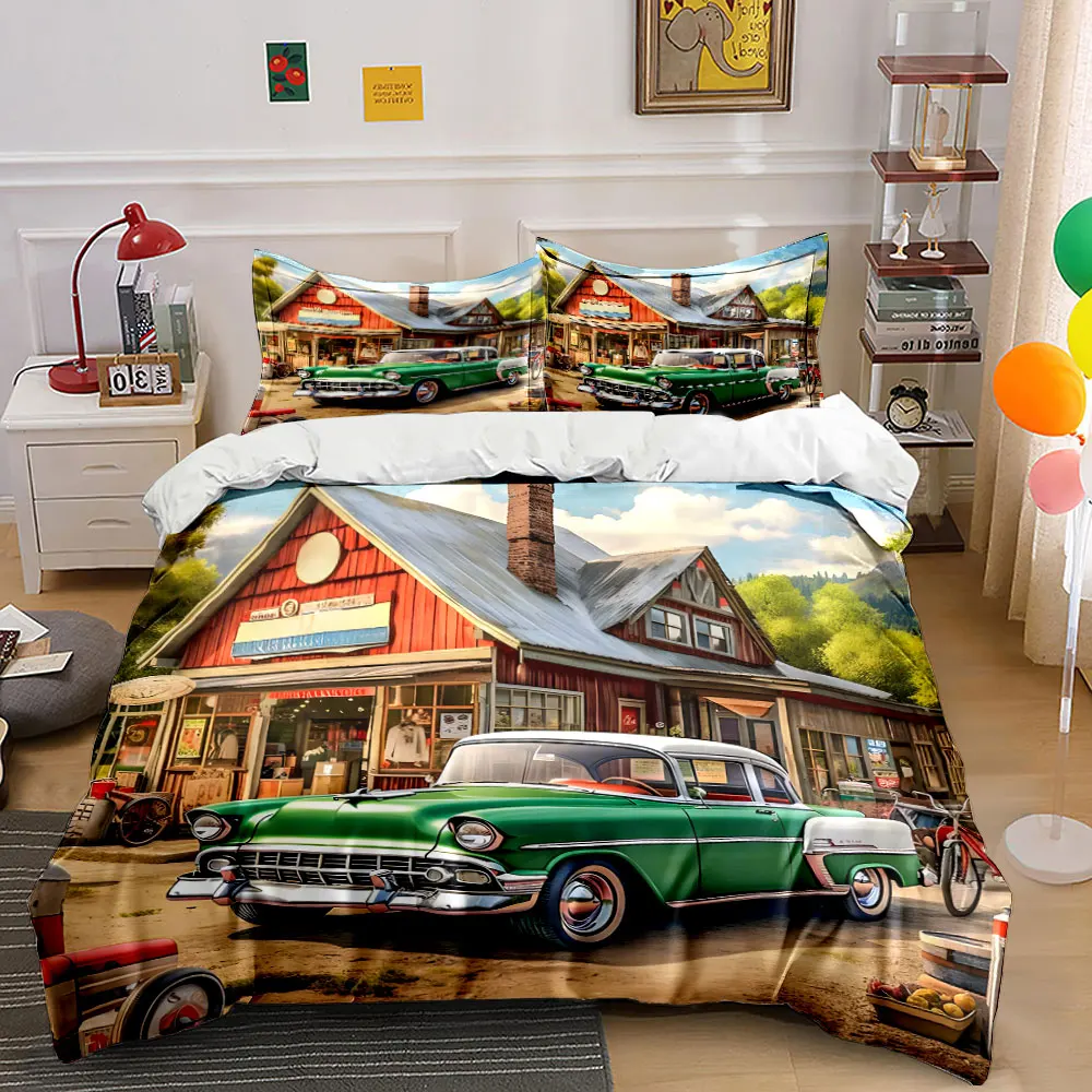 Classic vintage car by countryside store Print Bedding Set 1 Duvet Cover 2 Pillowcases for Adult and Children Luxury Gift