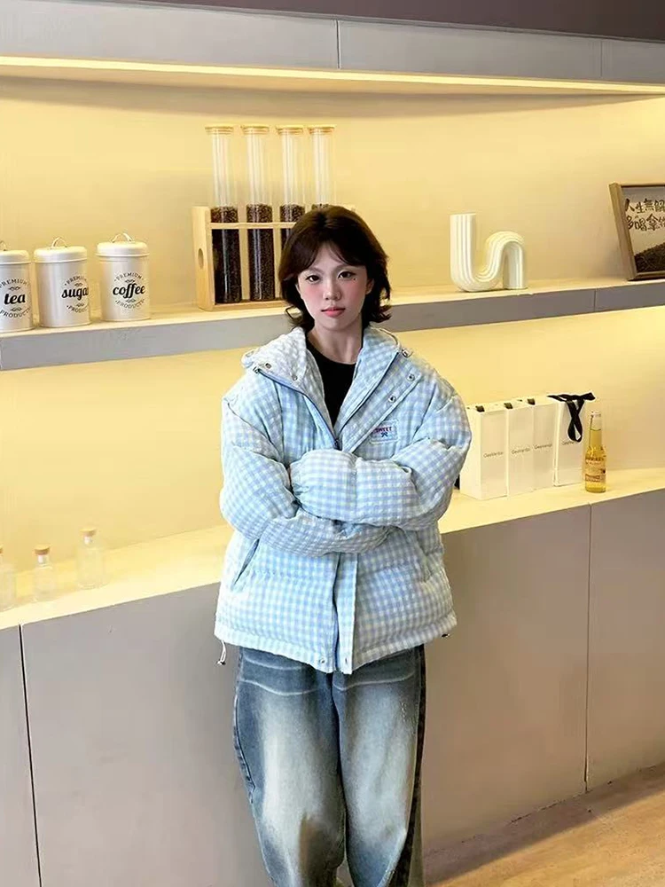 여성을위한 한국어 세련된 격자 무늬 후드 코트 겨울 두꺼운 따뜻한 느슨한 캐주얼 패딩 다운 재킷 Y2K 여성 올 매치 지퍼 겉옷