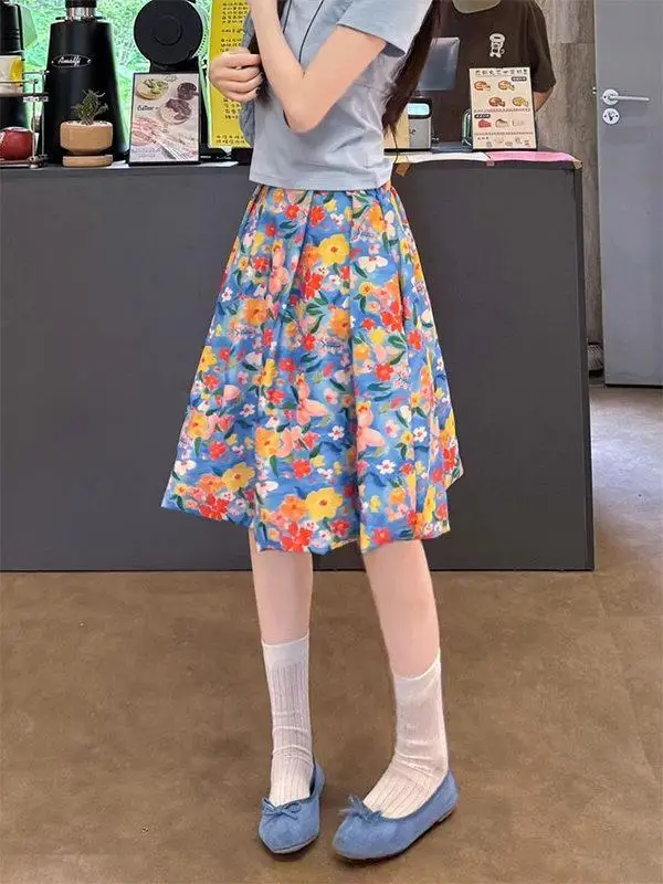 

plus Size 300 Pounds Floral Print A-Line Skirt Women's Summer High Waist Loose Fit Casual Style Half-length Umbrella Skirt