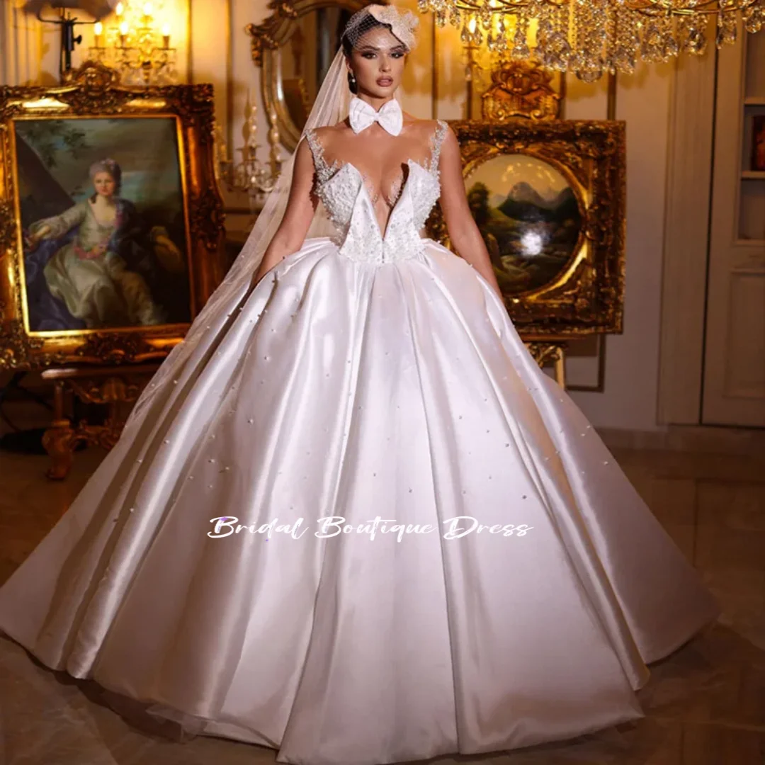 تخصيص أناقة خمر الخامس الرقبة الكرة ثوب الزفاف حزب فساتين فاخرة أكمام الساتان الديكور فرشاة قطار فساتين الزفاف