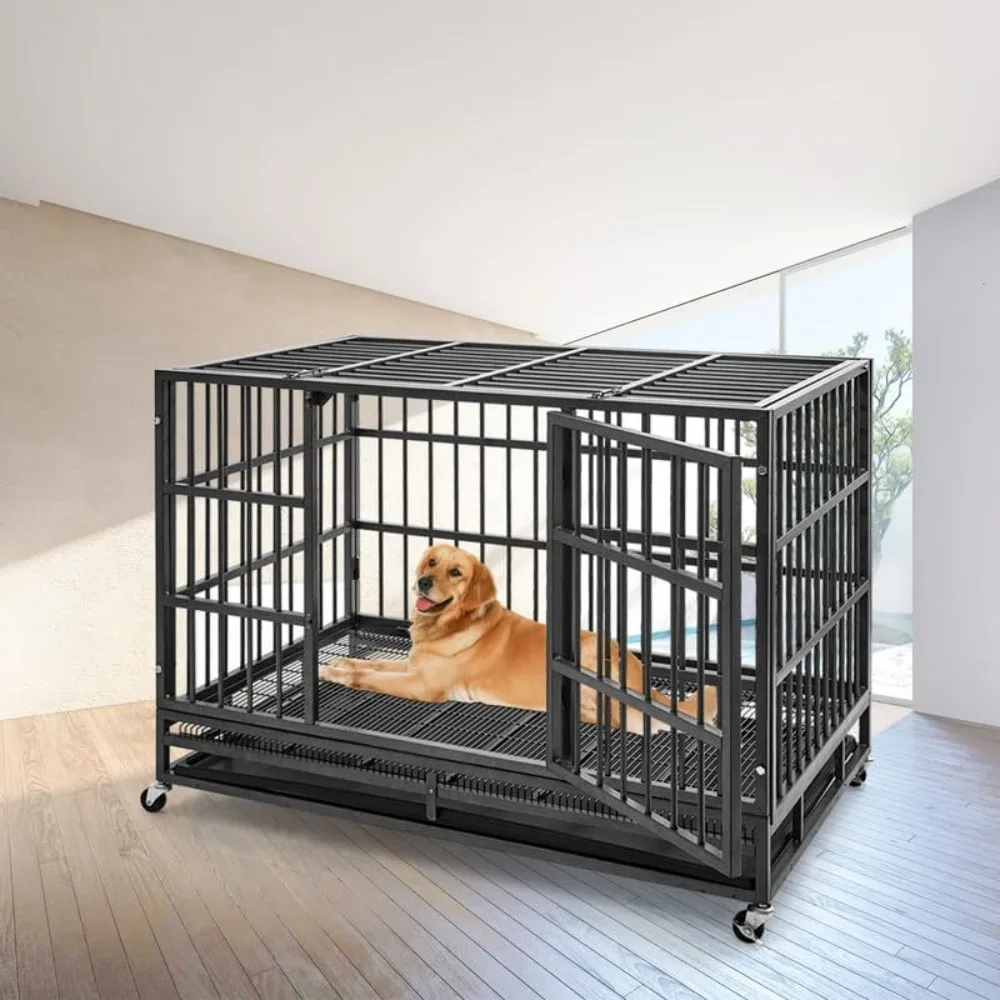 ترقية تحفة 48 بوصة شديدة التحمل غير قابلة للتدمير XL Dog Crate Steel Escape Proof، قفص داخلي مزدوج الباب عالي القلق، Ke #1