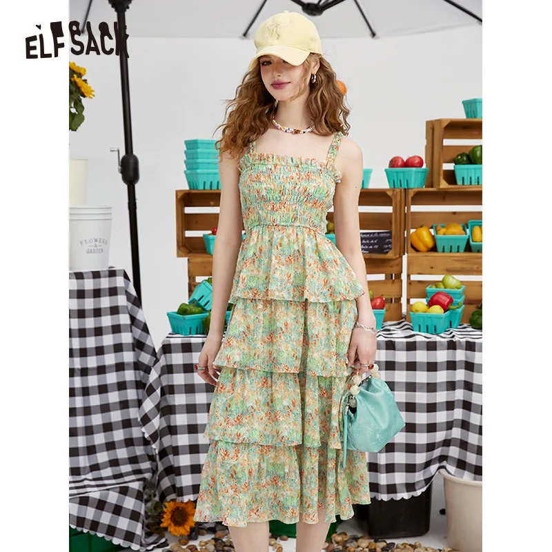 ELFSACK Fragmented floral camisole dress for women in spring/summer 2024, new collection waist, slim and petite holiday dress