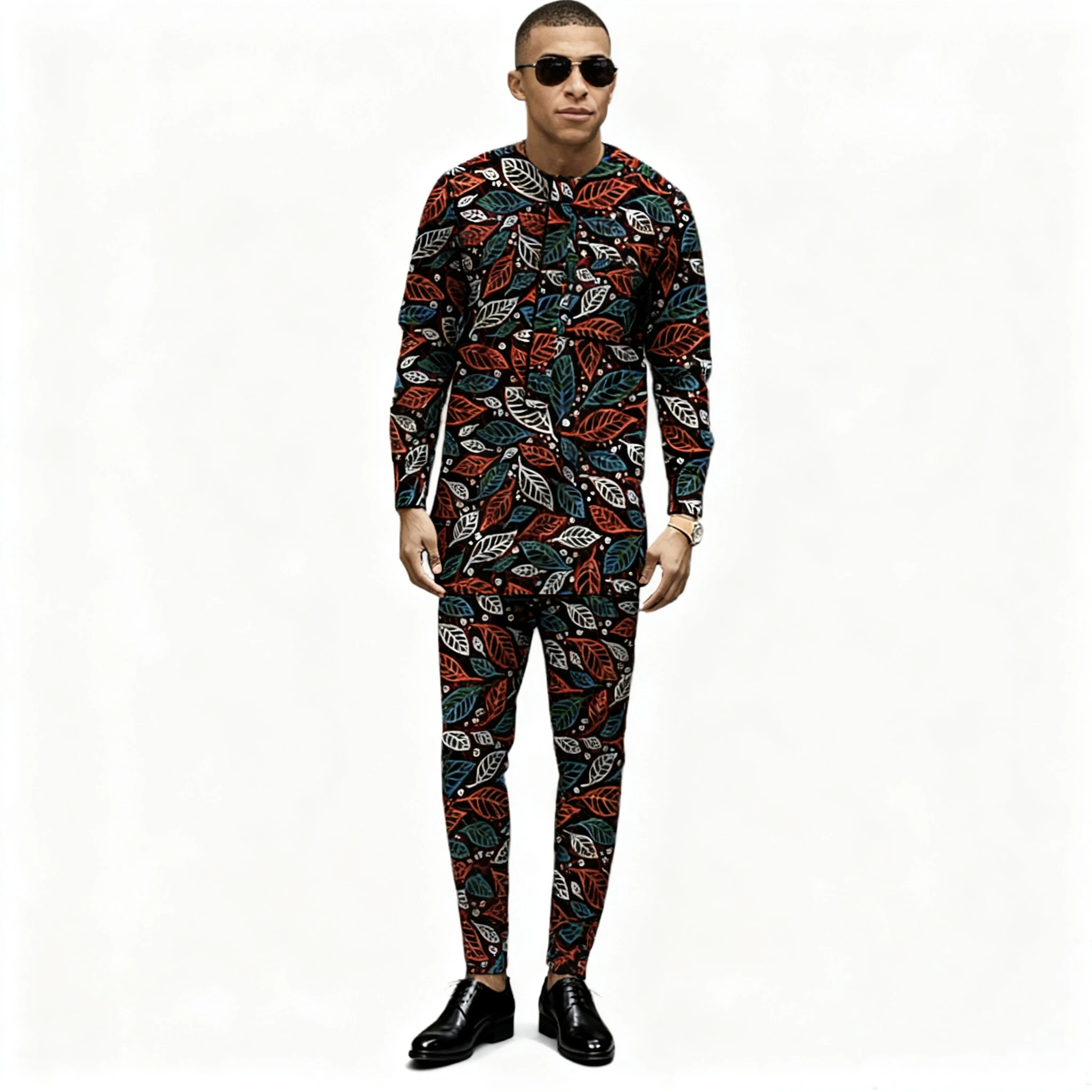 

Мужской комплект из 2 предметов с принтом листьев в африканском стиле, повседневная рубашка с длинными рукавами и брюки, базовый стиль, мужской наряд Анкары